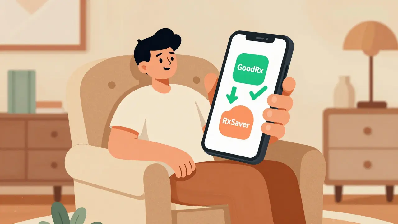 Retro character using smartphone app to find medication discounts in a cozy room.