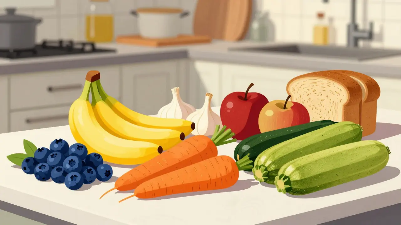 Retro-style illustration grouping safe low-FODMAP foods separately from trigger foods on a kitchen counter.
