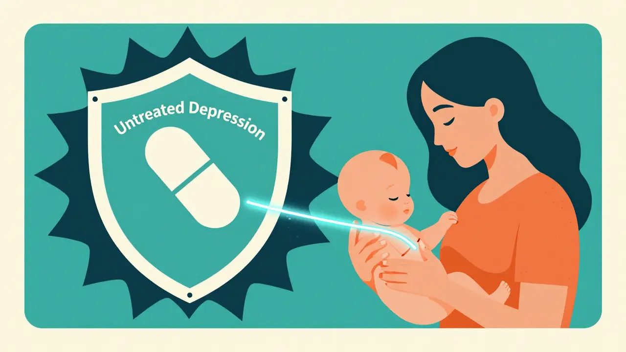 Shield protecting mother and baby from depression, retro illustration