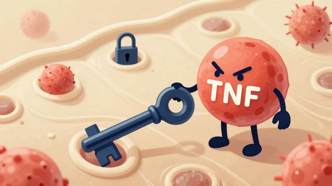 Stylized keys blocking inflammatory signals on cells, mid-century modern art