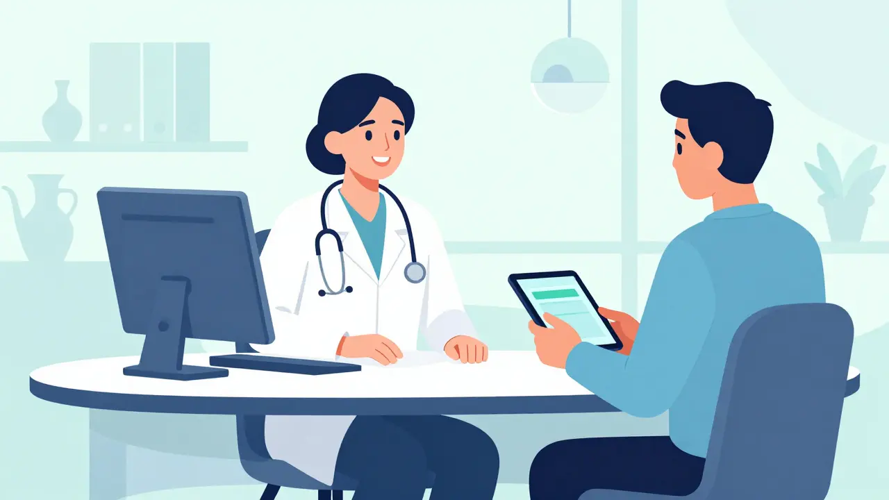 Telehealth doctor consultation via tablet in retro interior