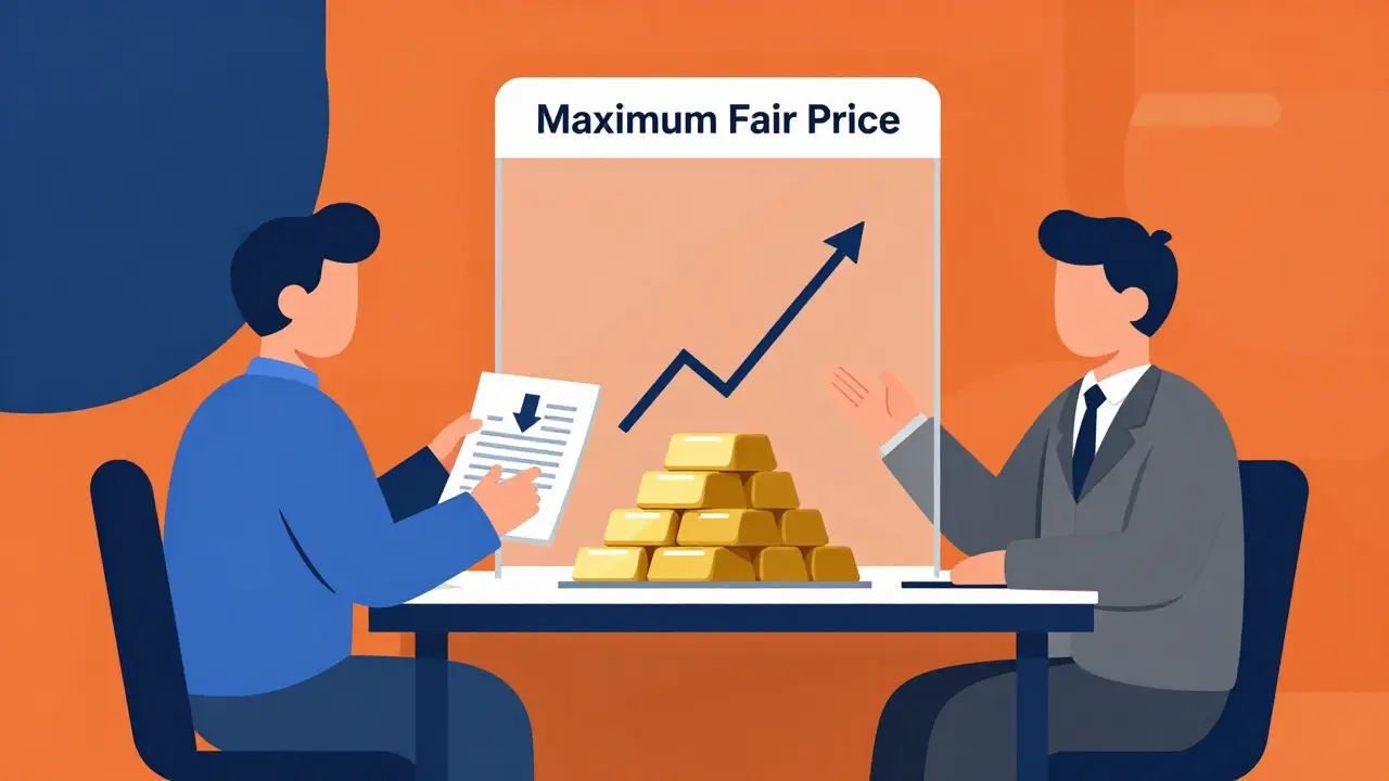 Abstract figures negotiating drug prices under a price cap ceiling