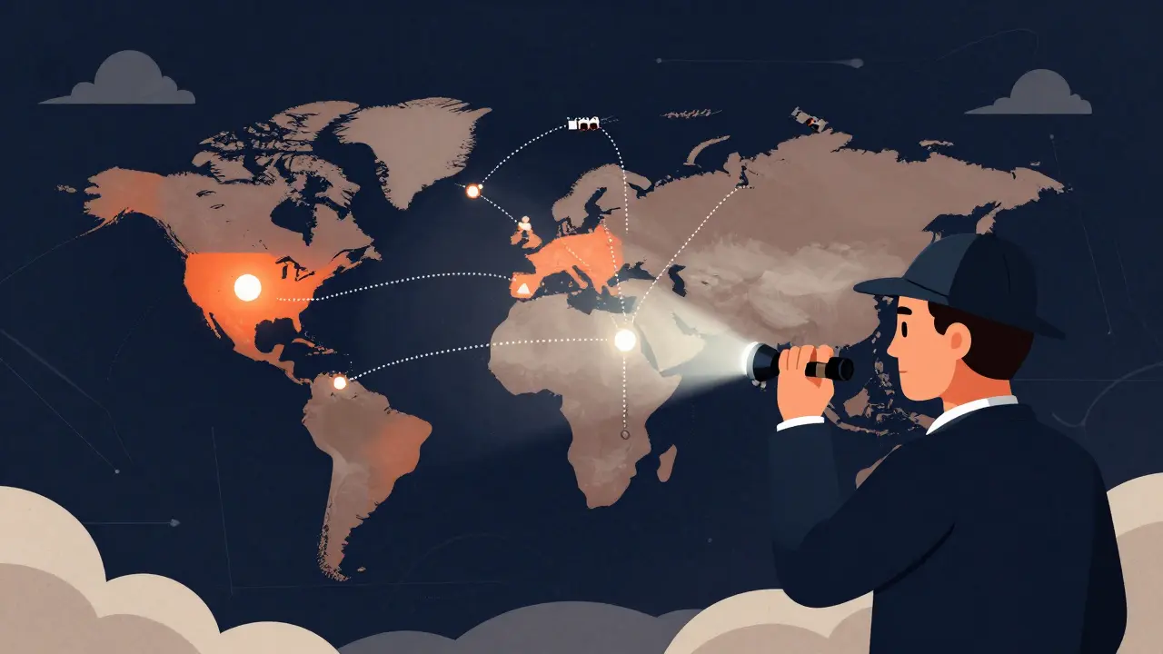 Detective investigating global map for rare medication side effect reports.