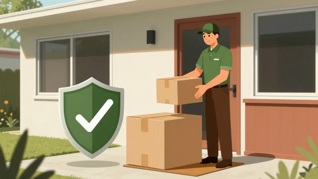 Discreet unmarked medicine package delivered to a mid-century modern home