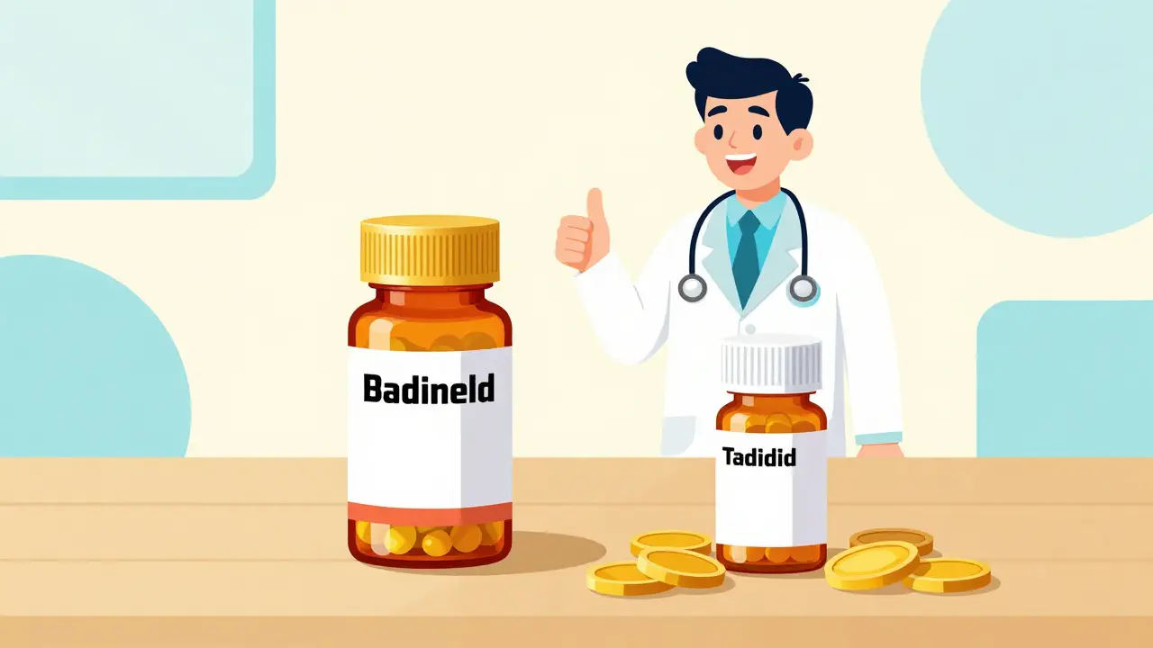 Illustration comparing expensive brand name pills with affordable generic alternatives