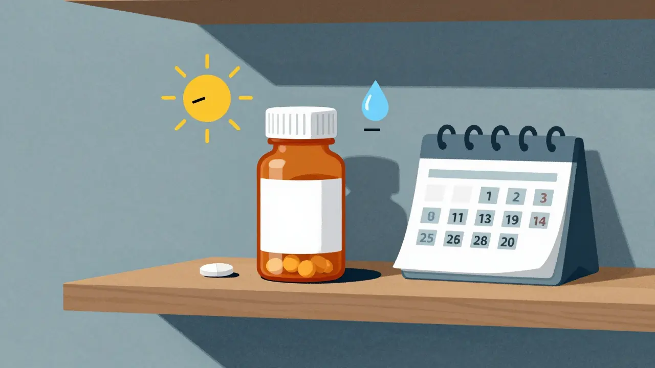 Medication stored properly in a cool, dry place with a dosage schedule