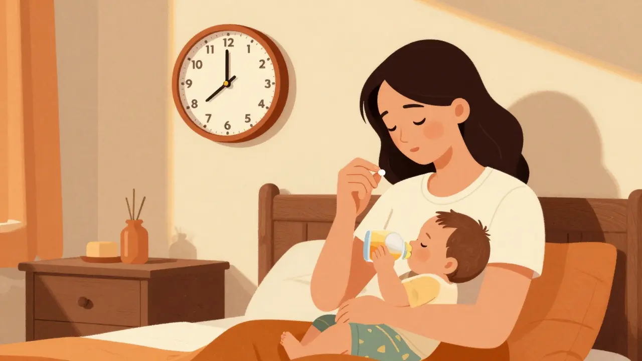 Mom taking medicine after feeding baby