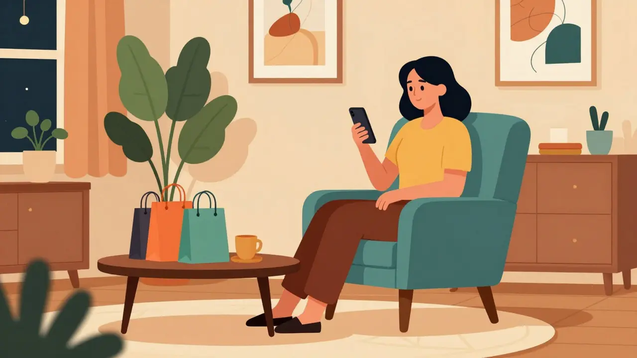 Retro-style illustration of a woman shopping for beauty products on her phone at home.