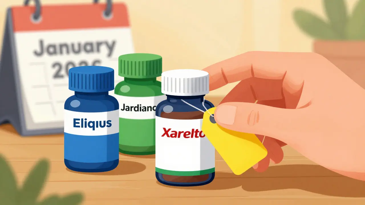 Stylized pill bottles with discount tags representing 2026 Medicare changes