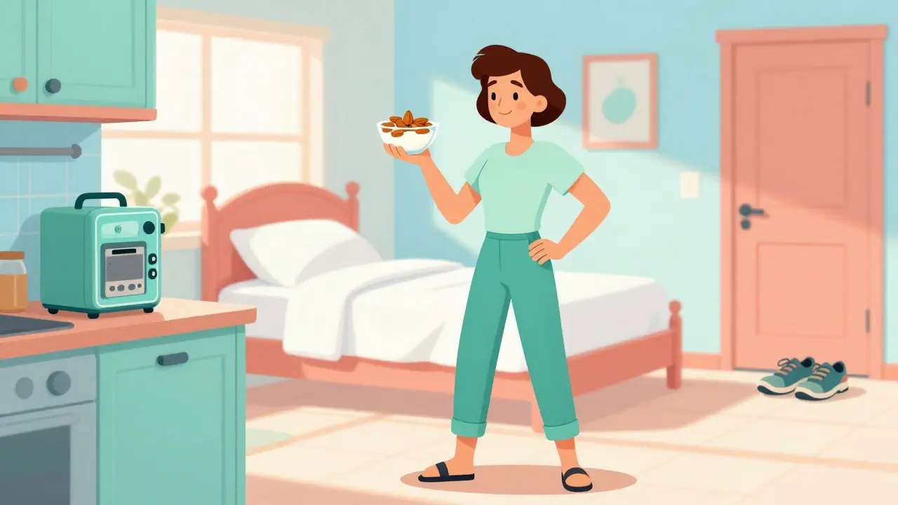 Stylized scene showing healthy snacks, sleep, and exercise for diabetes care