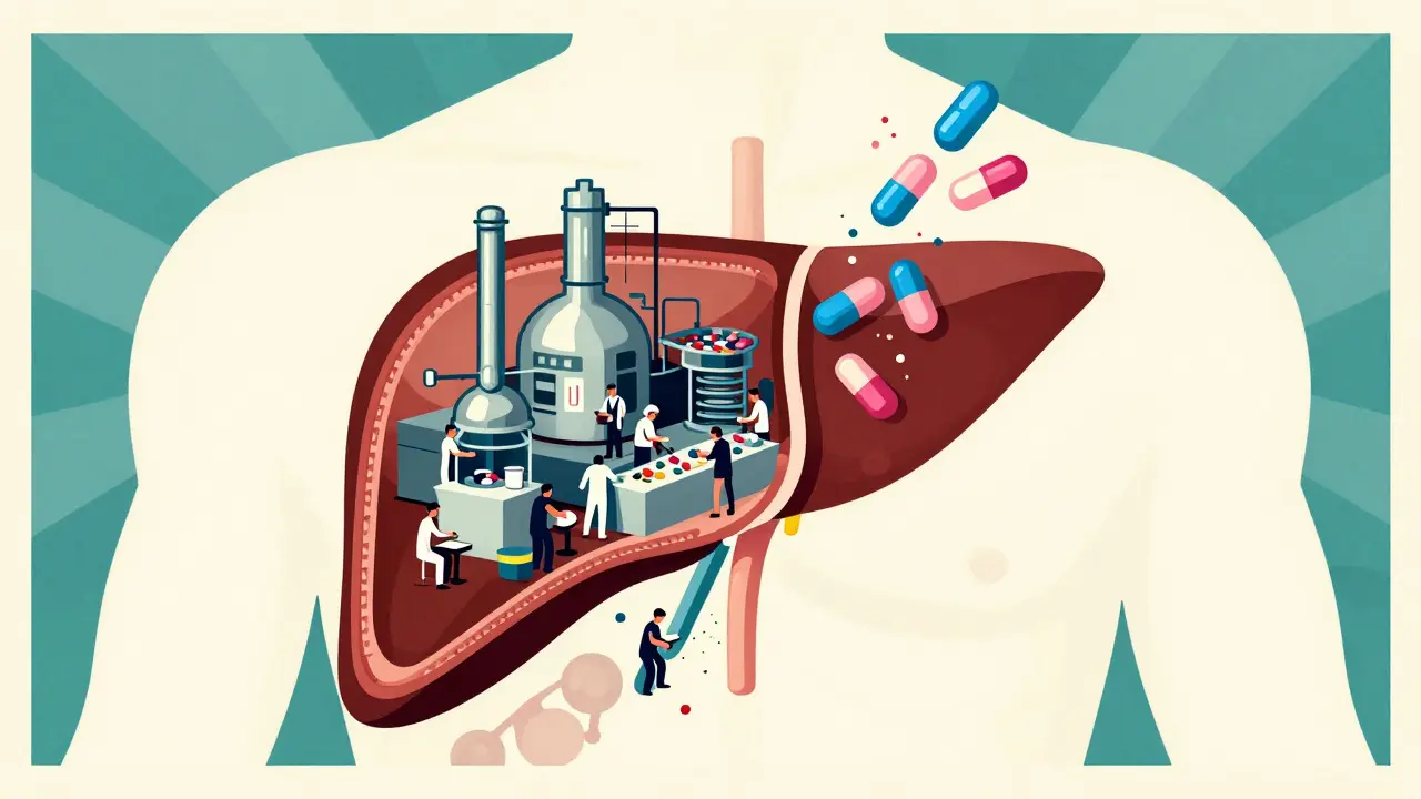 Vintage-style illustration of liver enzymes breaking down hormone pills rapidly in a factory setting.