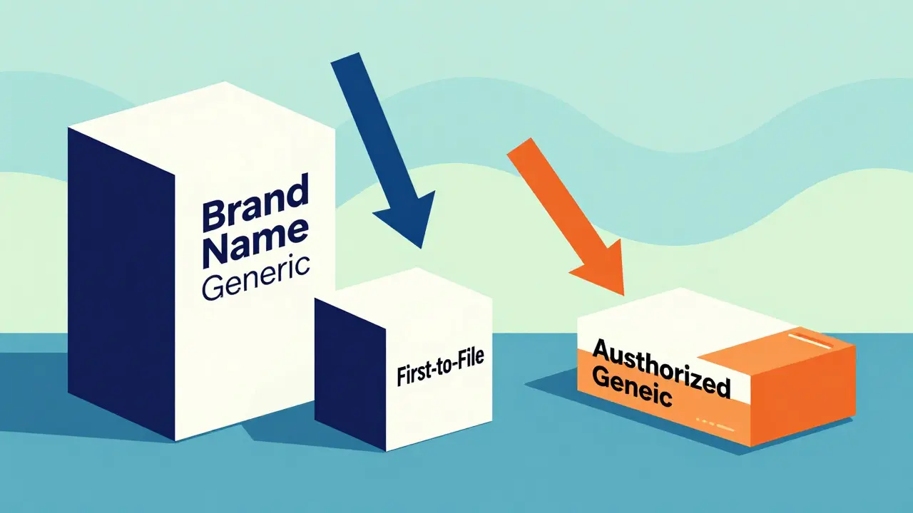 Abstract blocks showing brand, first-to-file generic, and authorized generic competing on price