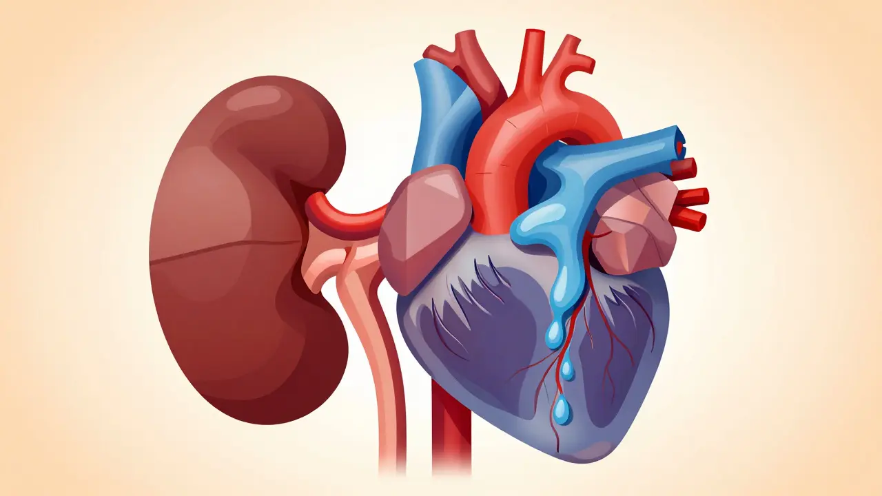 Abstract diagram of kidneys trapping fluid due to drugs