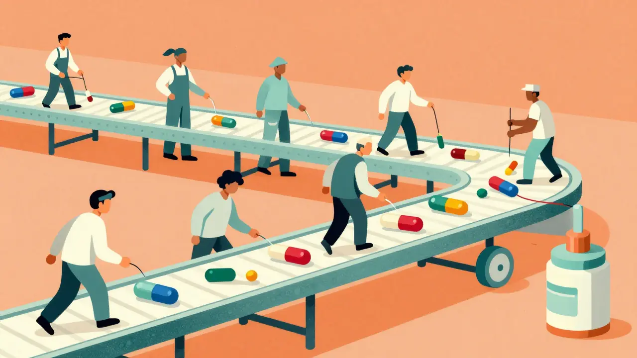 Abstract retro art showing liver enzymes processing drugs on an assembly line