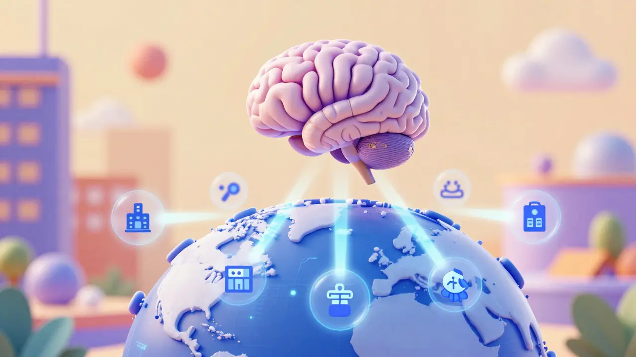AI brain connecting global health data networks