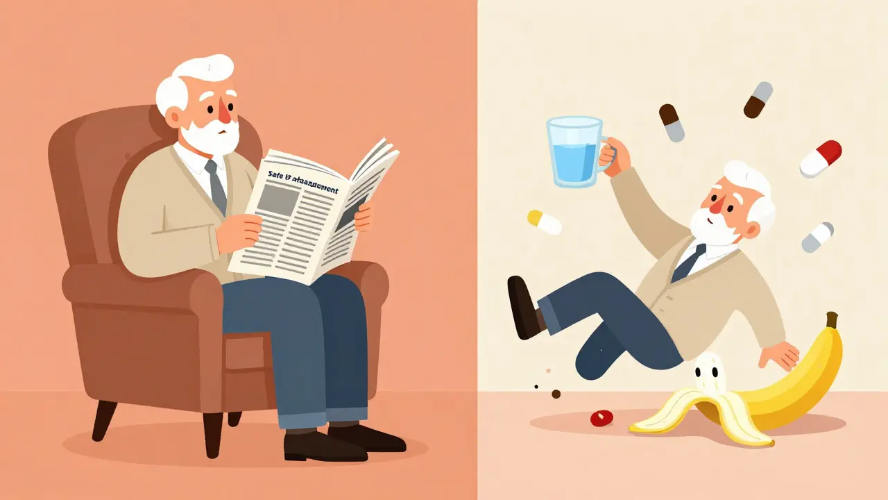 Cartoon showing fall risks from drug interactions