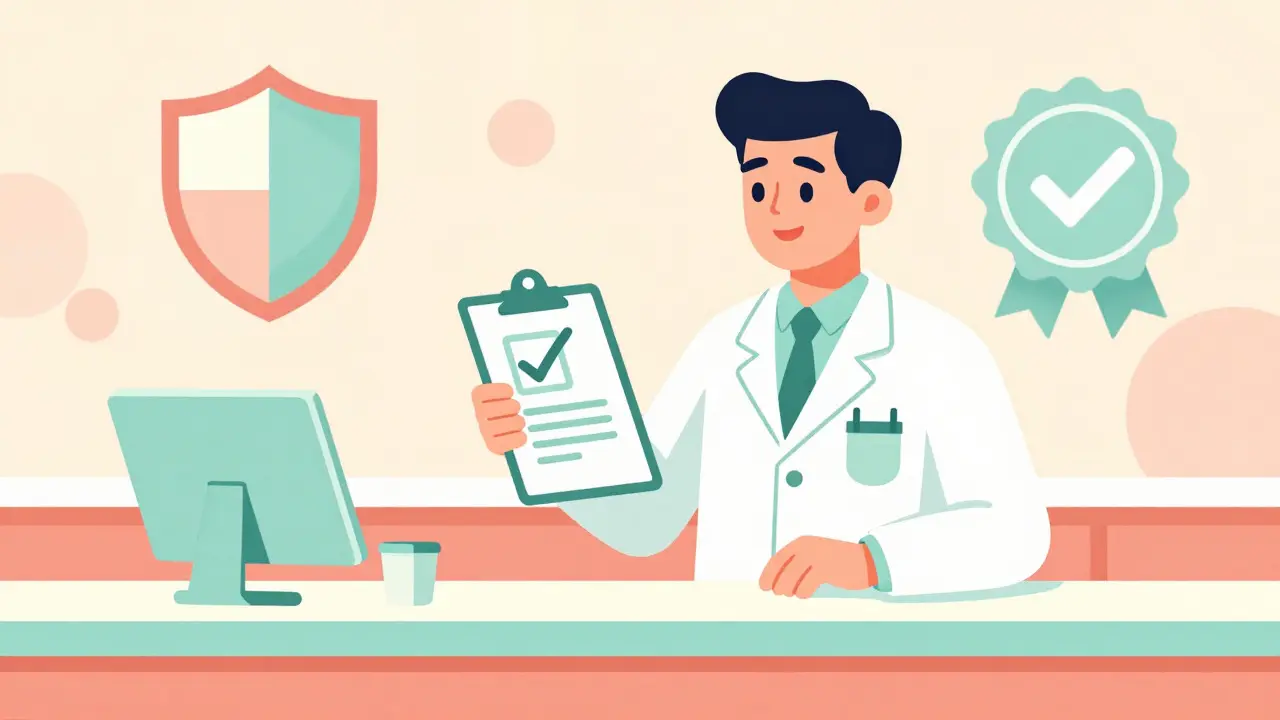 Friendly pharmacist verifying prescription for safe online purchase