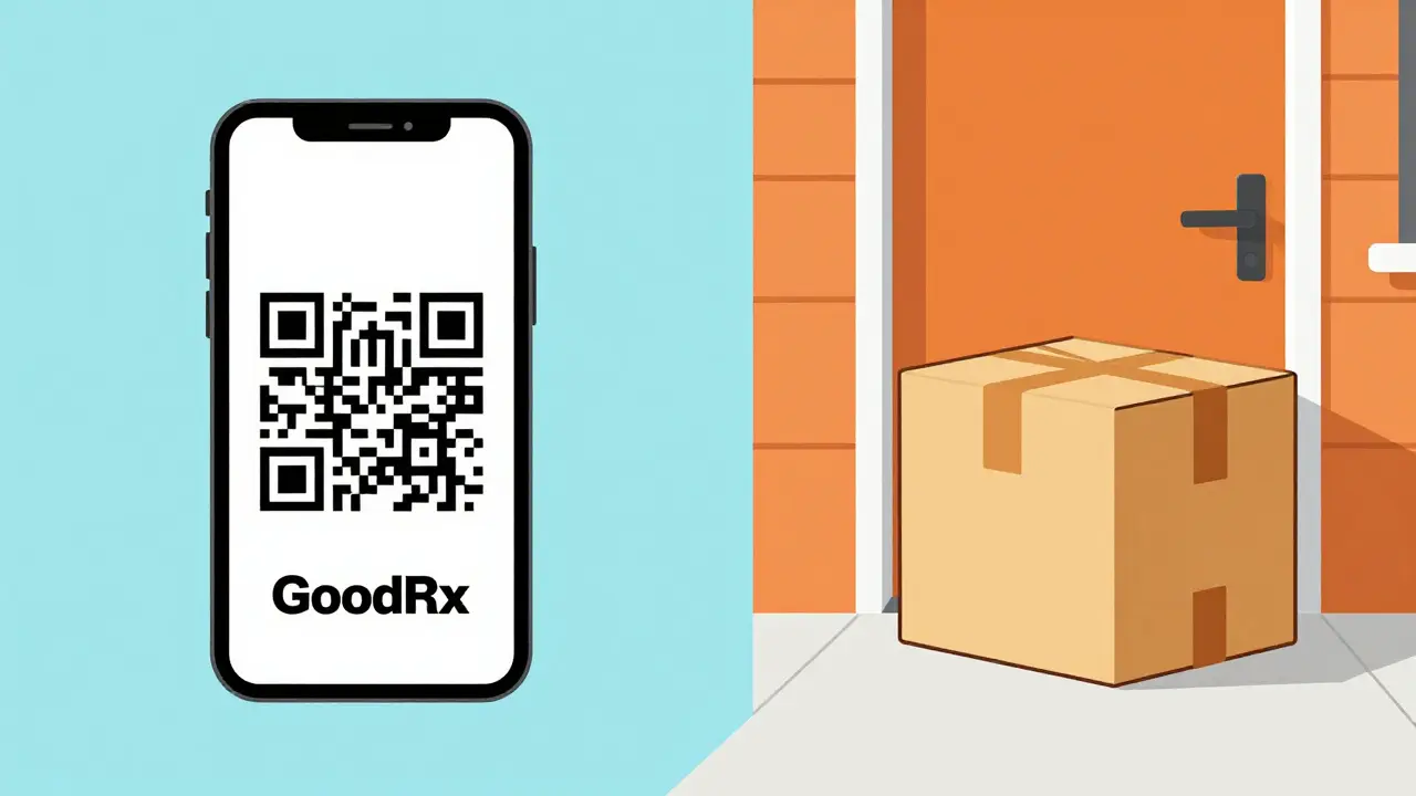 Illustration comparing mobile discount codes and home delivery for medications