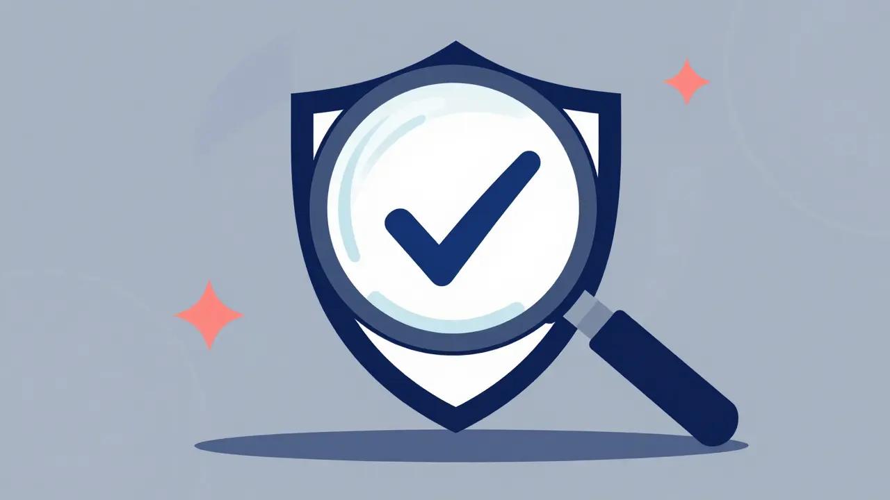 Magnifying glass inspecting a shield icon to represent online pharmacy safety