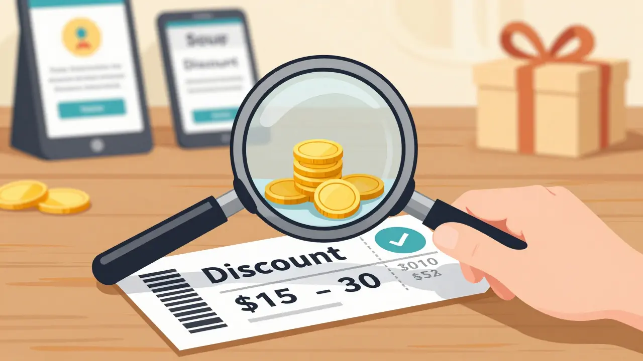 Magnifying glass revealing huge savings on generic medication via discount coupons
