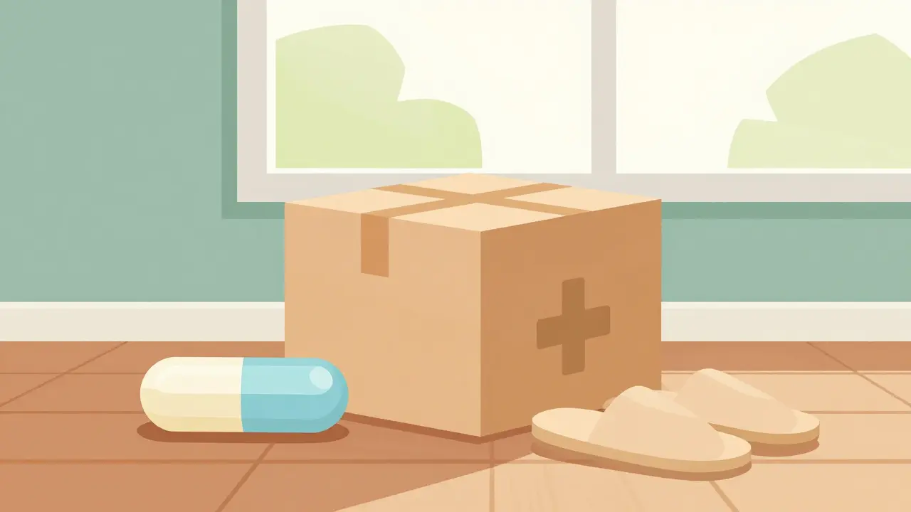 Medication delivery box and capsules on a floor in mid-century modern style