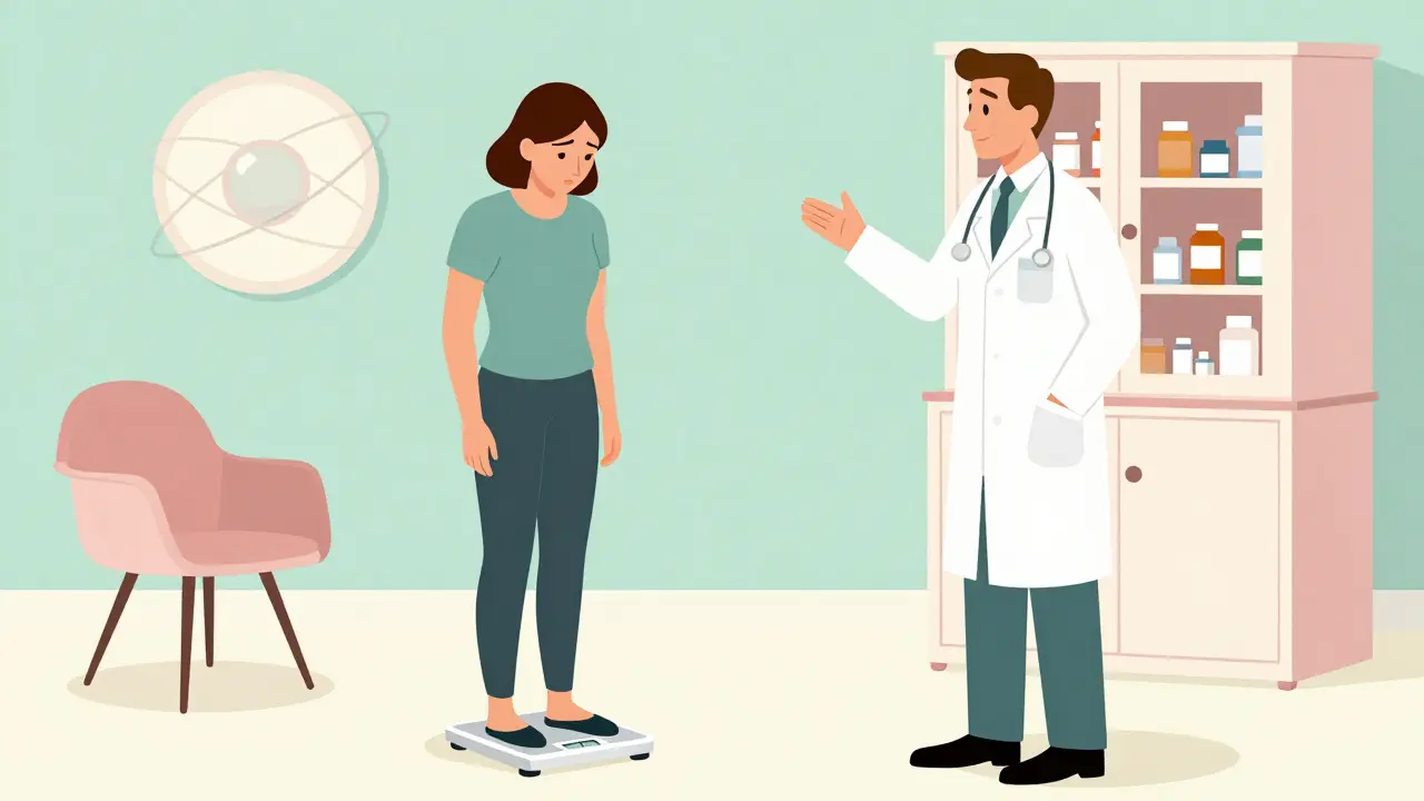 Patient checking weight gain next to medicine cabinet