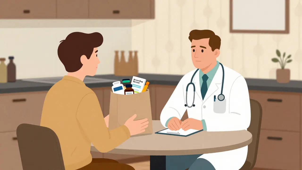 Person bringing supplement bottles to a doctor for a safety review
