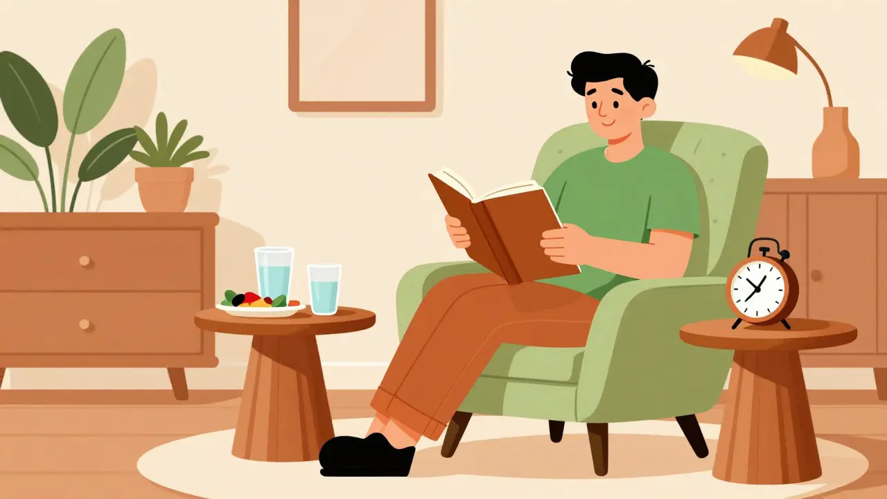 Person relaxing in a mid-century modern chair, focusing on healthy lifestyle habits
