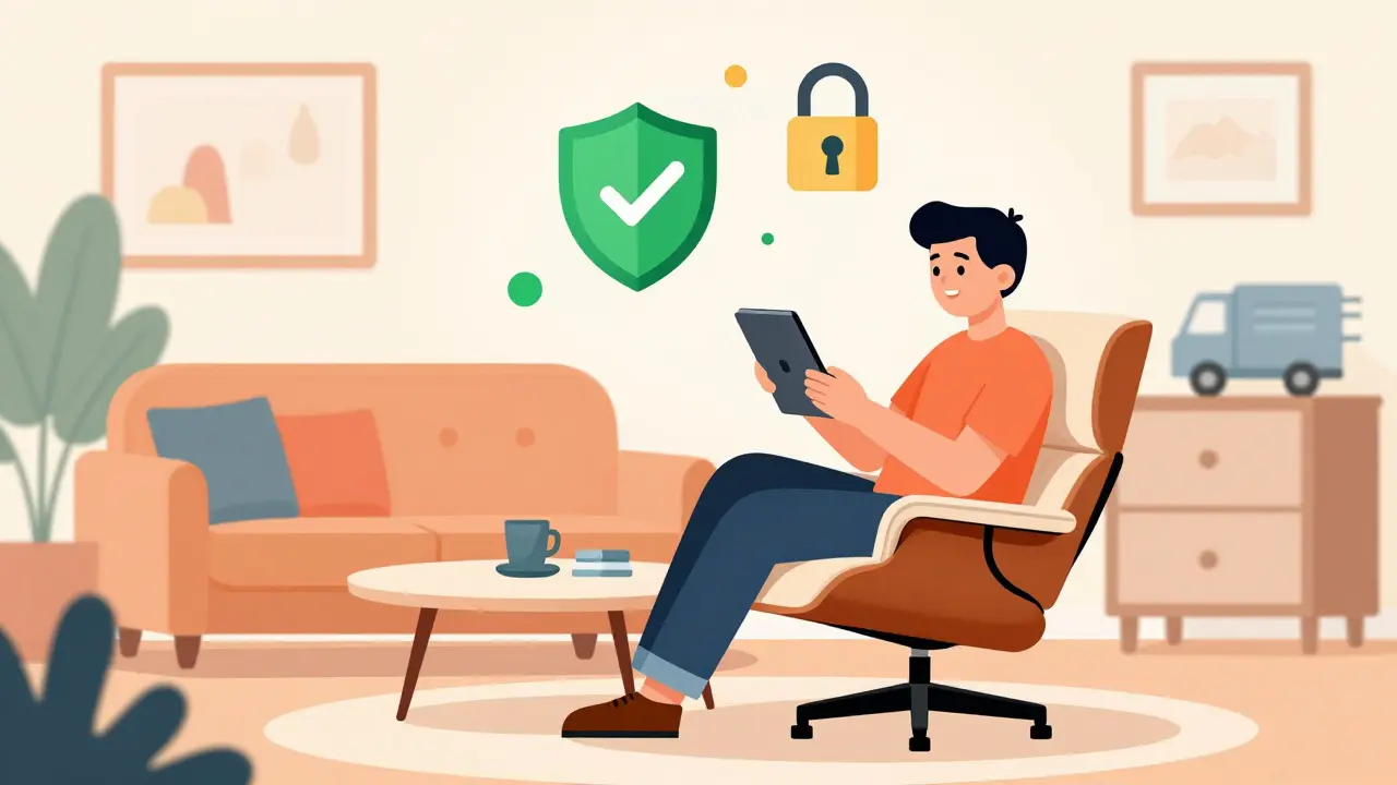 Person relaxing while safely ordering generic prilosec online with security icons