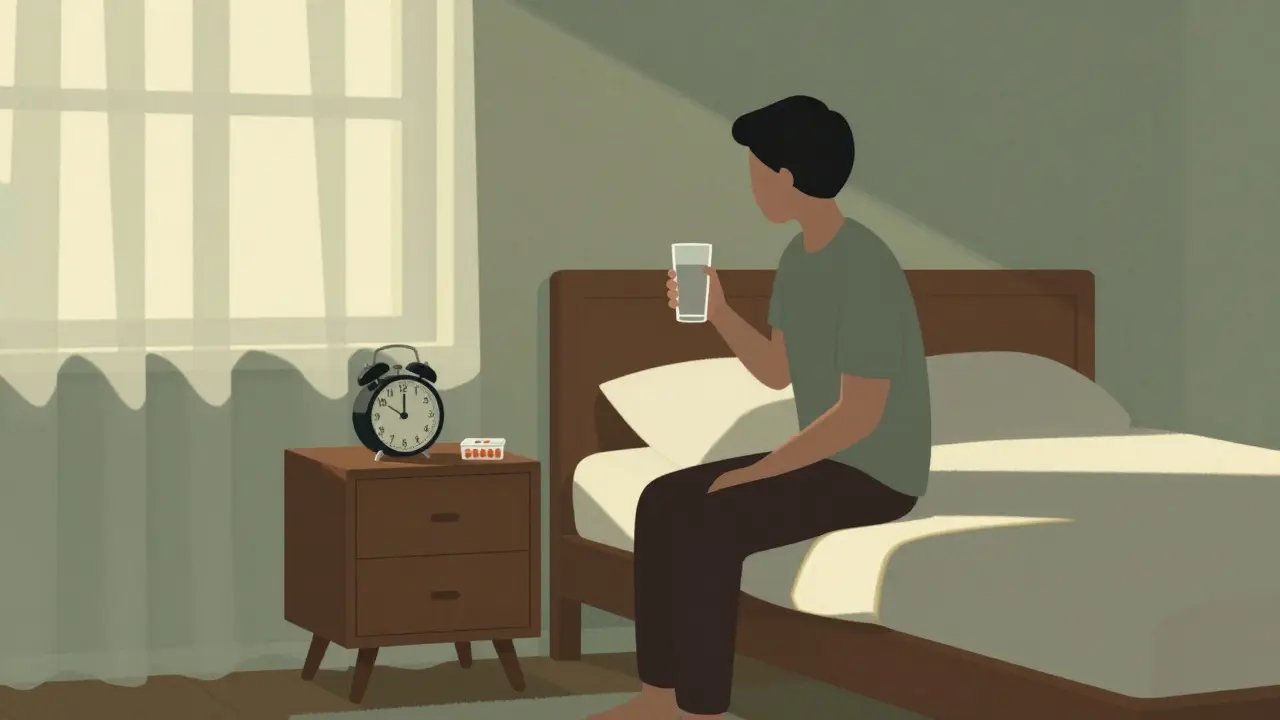 Person taking medication with water while waiting for breakfast time.