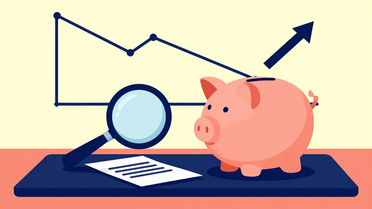 Piggy bank and magnifying glass symbolizing savings and safe medication buying
