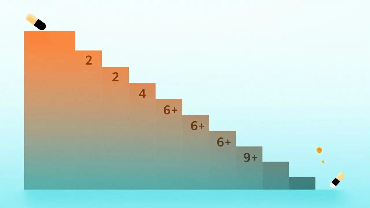 Stylized descending steps illustrating how more generic competitors drastically lower drug prices