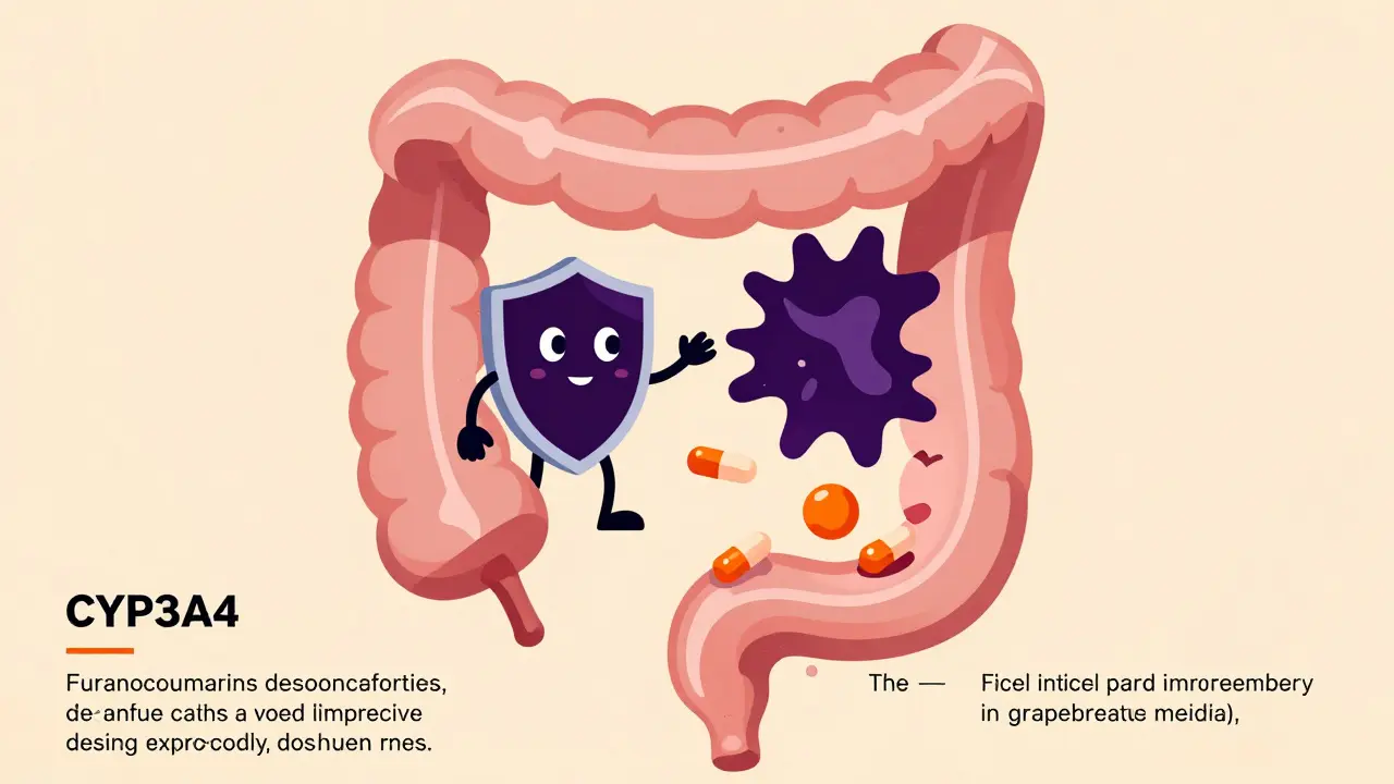Stylized graphic showing enzymes blocked by grapefruit compounds