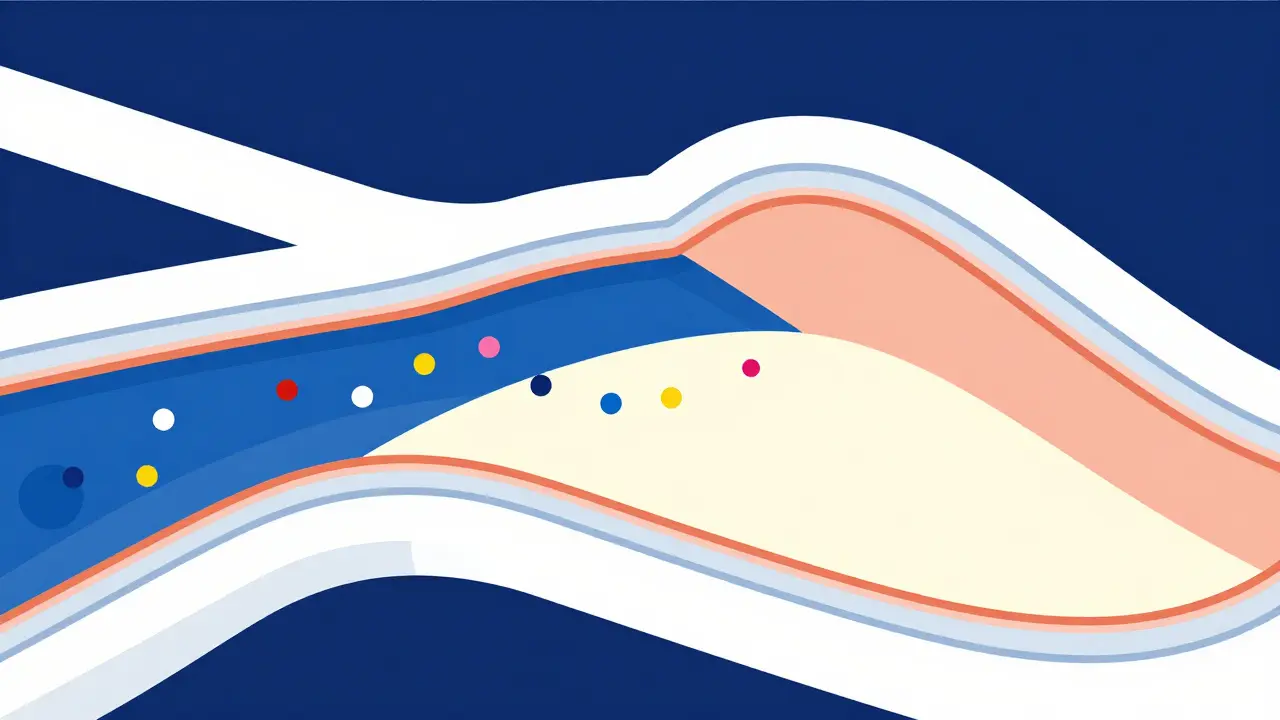 Stylized mid-century graphic showing molecules passing from blood to milk, illustrating drug transfer mechanics.