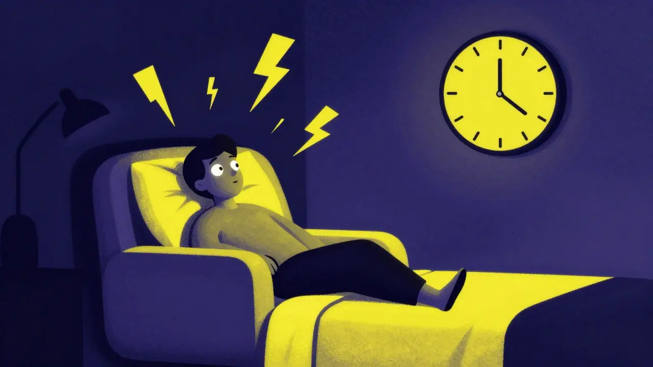 Stylized person experiencing insomnia and anxiety while taking antidepressants