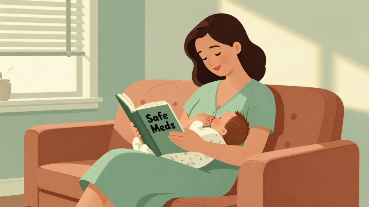 Vintage-style illustration of a mother nursing her baby while reading a guide, conveying confidence and safety.