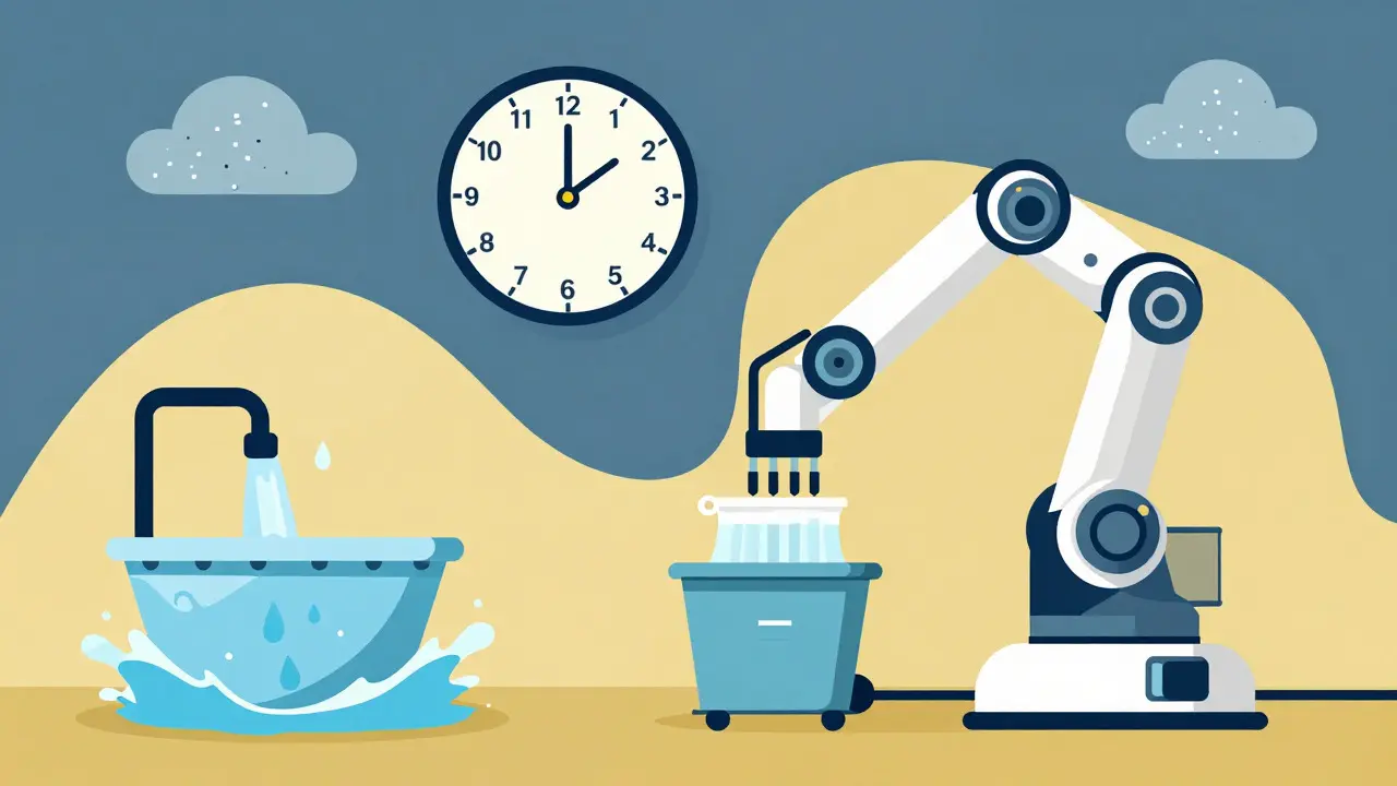 Cartoon depiction of sustainable dry-cleaning technology versus traditional methods in pharma