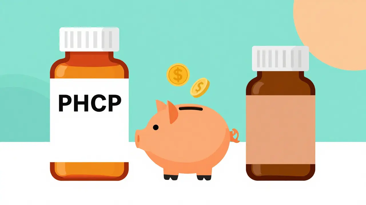 Comparison of brand vs generic medicine bottles with savings icon