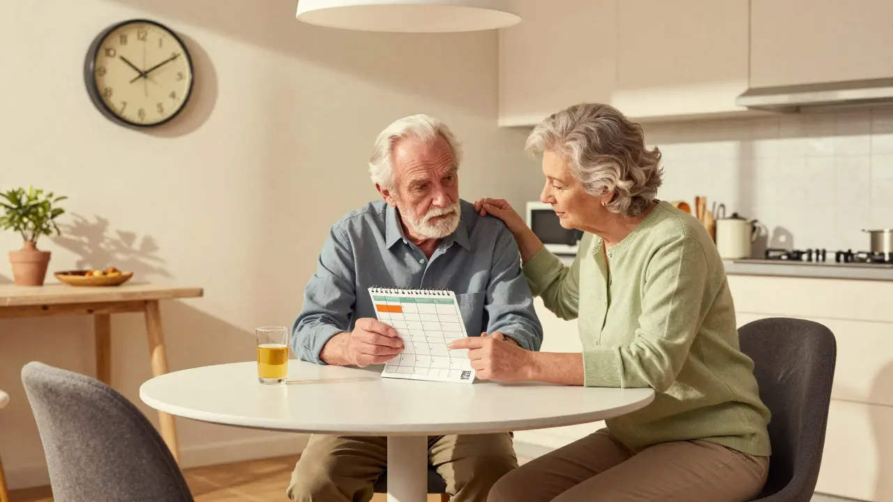 Elderly person reviewing meds with a family member at home