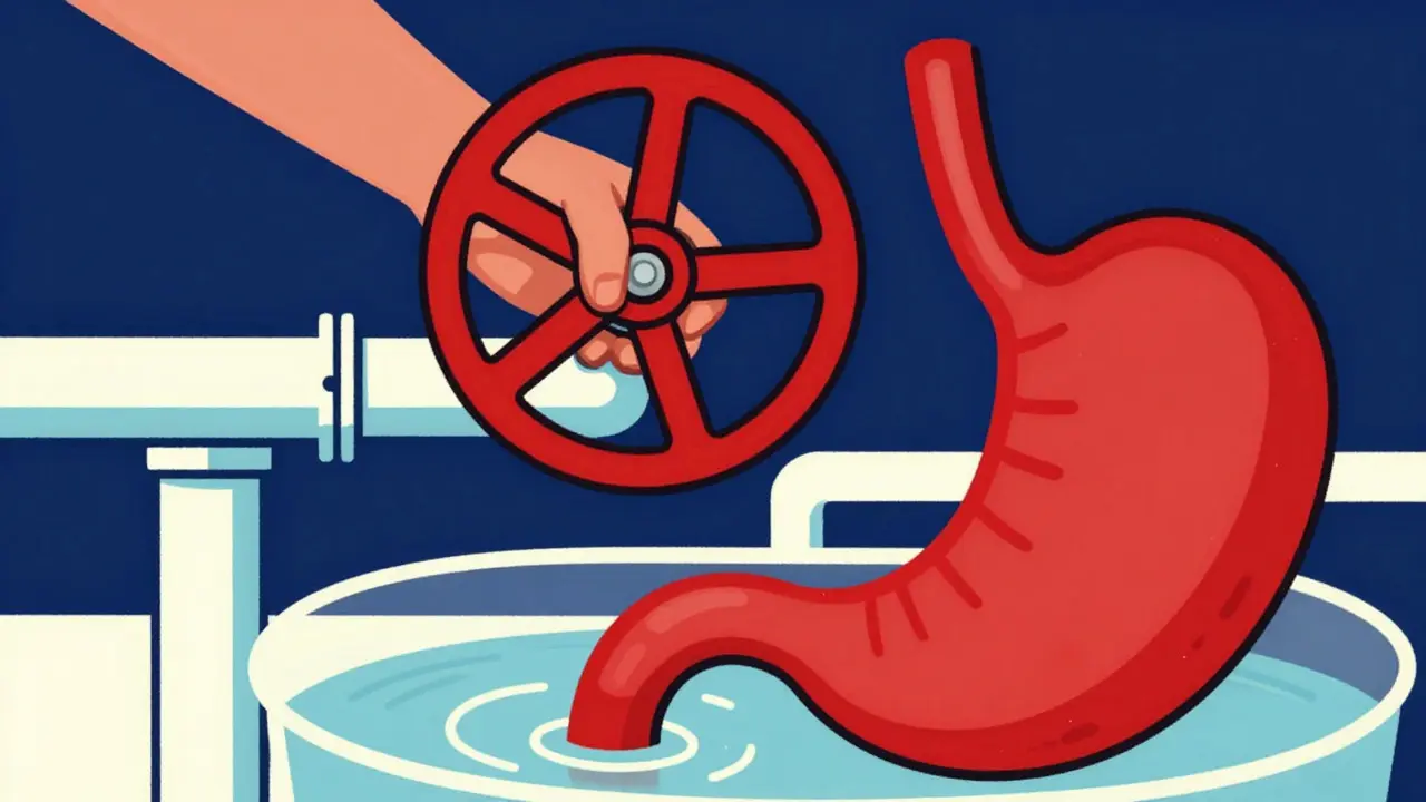 Hand closing a valve to stop acid production, illustrating PPI medication effect
