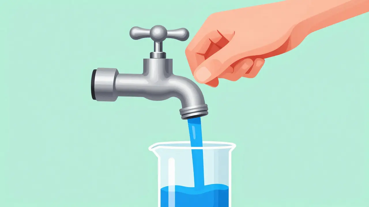 Hand turning down a faucet to reduce acid flow, representing H2 blocker action