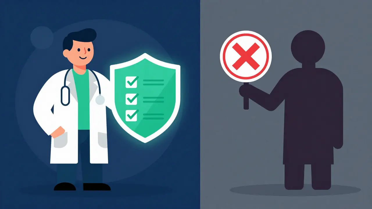 Illustration comparing safe accredited vs fake online pharmacies
