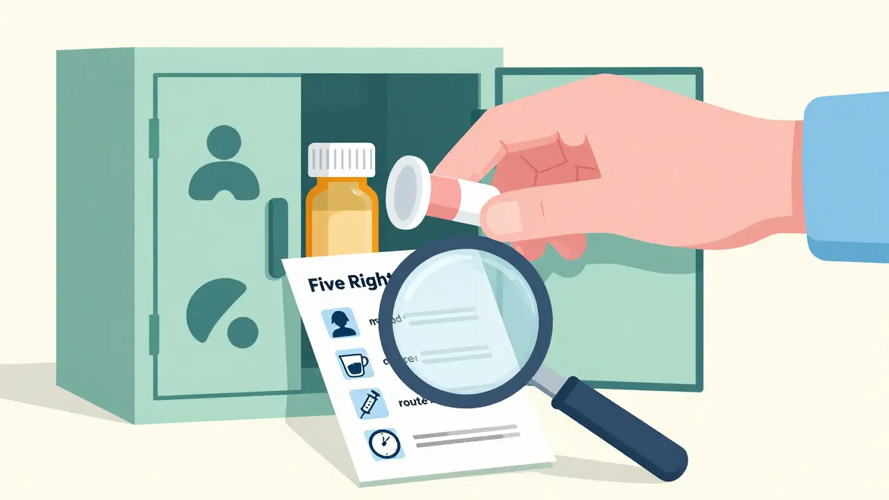 Illustration of a hand securing medication with a magnifying glass checking safety steps