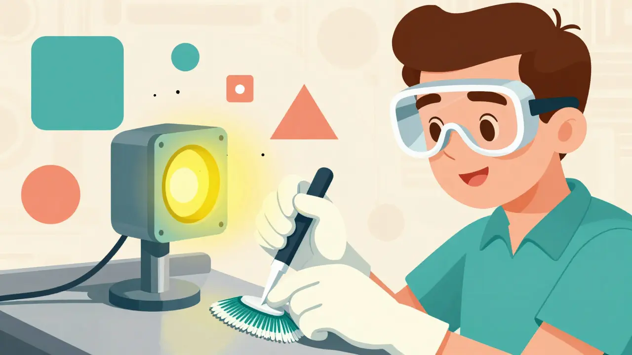 Mid-century art showing a worker testing a surface with a glowing rapid monitor device