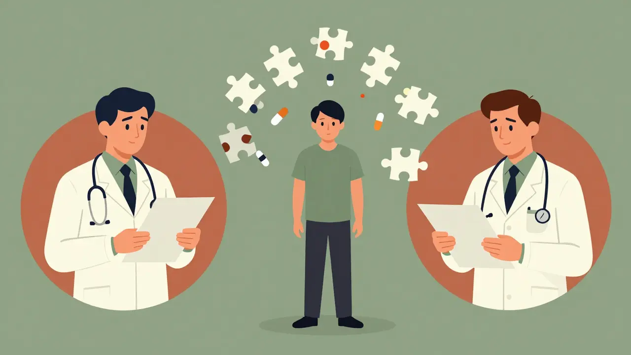 Mid-century art showing isolated doctors and a patient surrounded by disconnected puzzle pieces.
