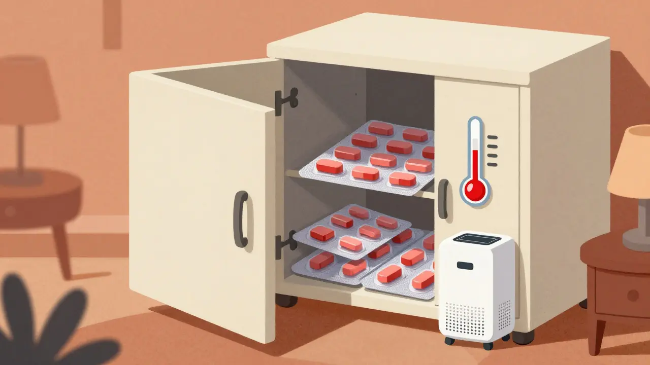 Mid-century illustration of medications stored properly in a dry, cool cabinet