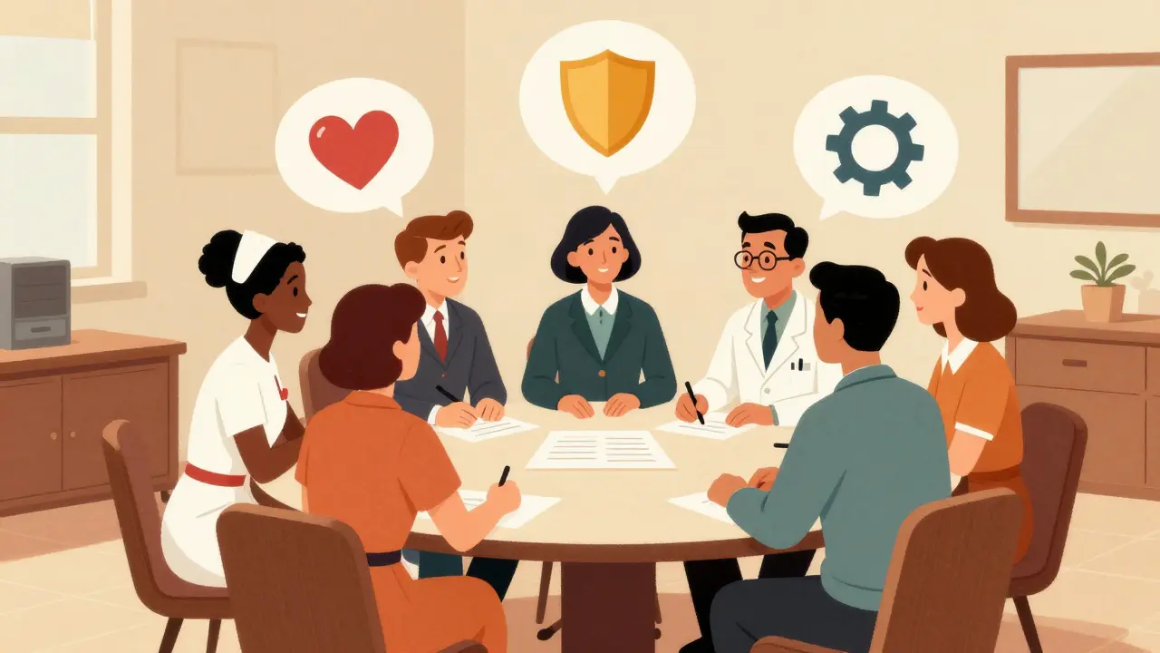 Mid-century style cartoon of a diverse team collaborating on student health plans