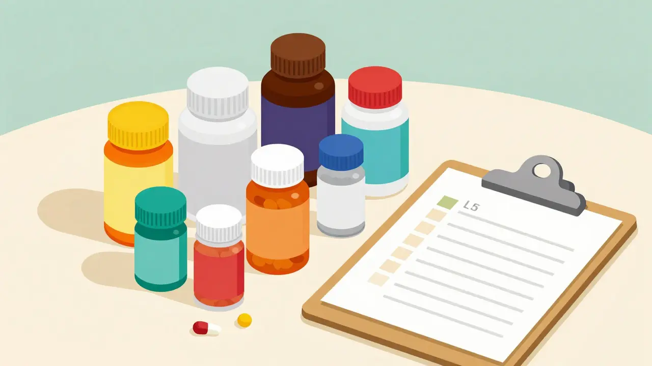 Neatly arranged pill bottles and vitamins on a minimalist desk