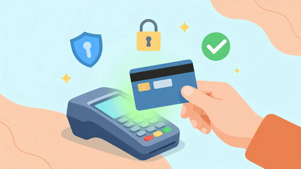 Retro-style drawing of a secure credit card payment for online pharmacy order