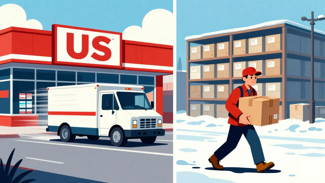 Split view comparing fast US pharmacy vs slow Canadian shipping